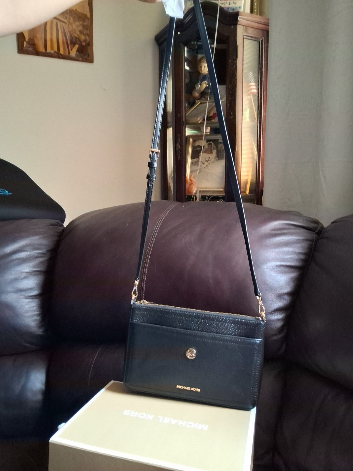 Michael Kors Black Leather Crossbody Bag with Gold MK Logo and Adjustable Strap