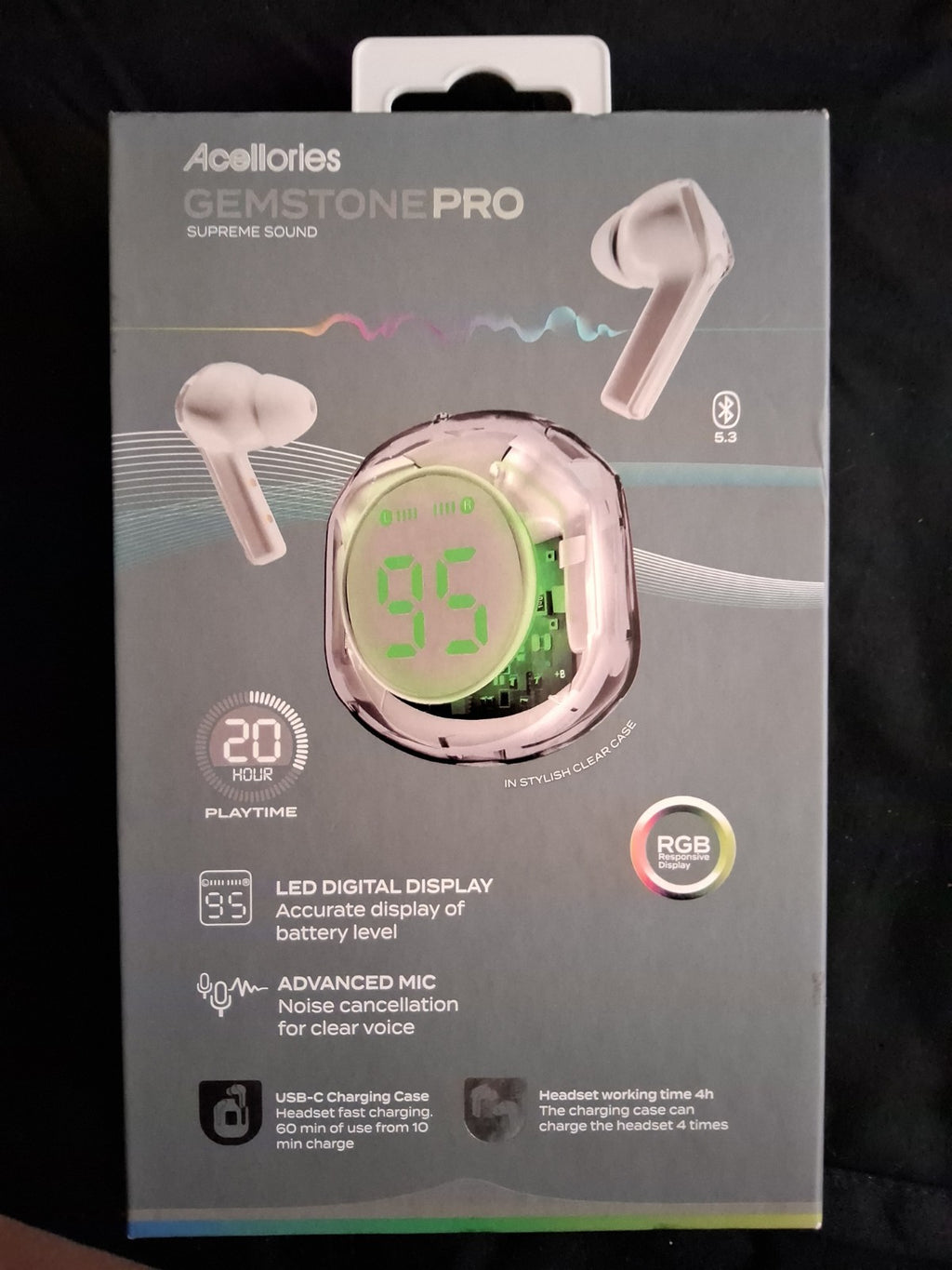 New Acellories Gemstone Pro Supreme Sound LED Digital Display Bluetooth Earbuds