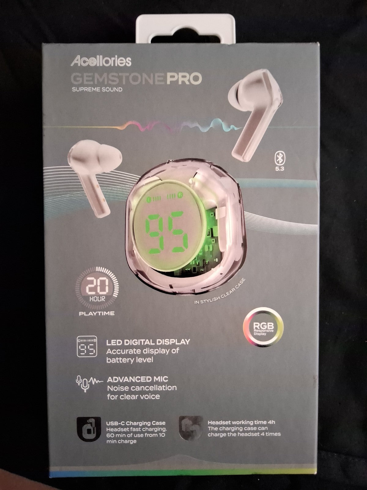New Acellories Gemstone Pro Supreme Sound LED Digital Display Bluetooth Earbuds