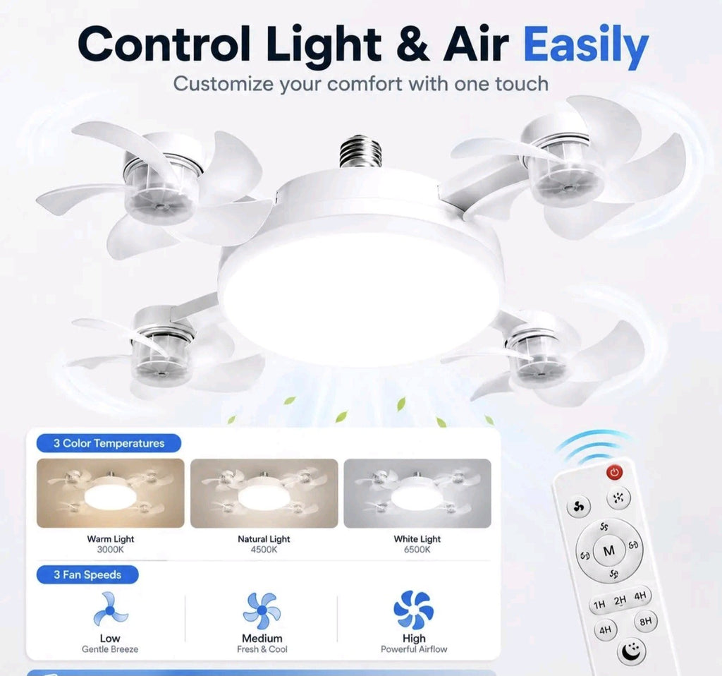 Foldable LED Ceiling Fan Light with Remote Control, E27 Socket Compatible,...