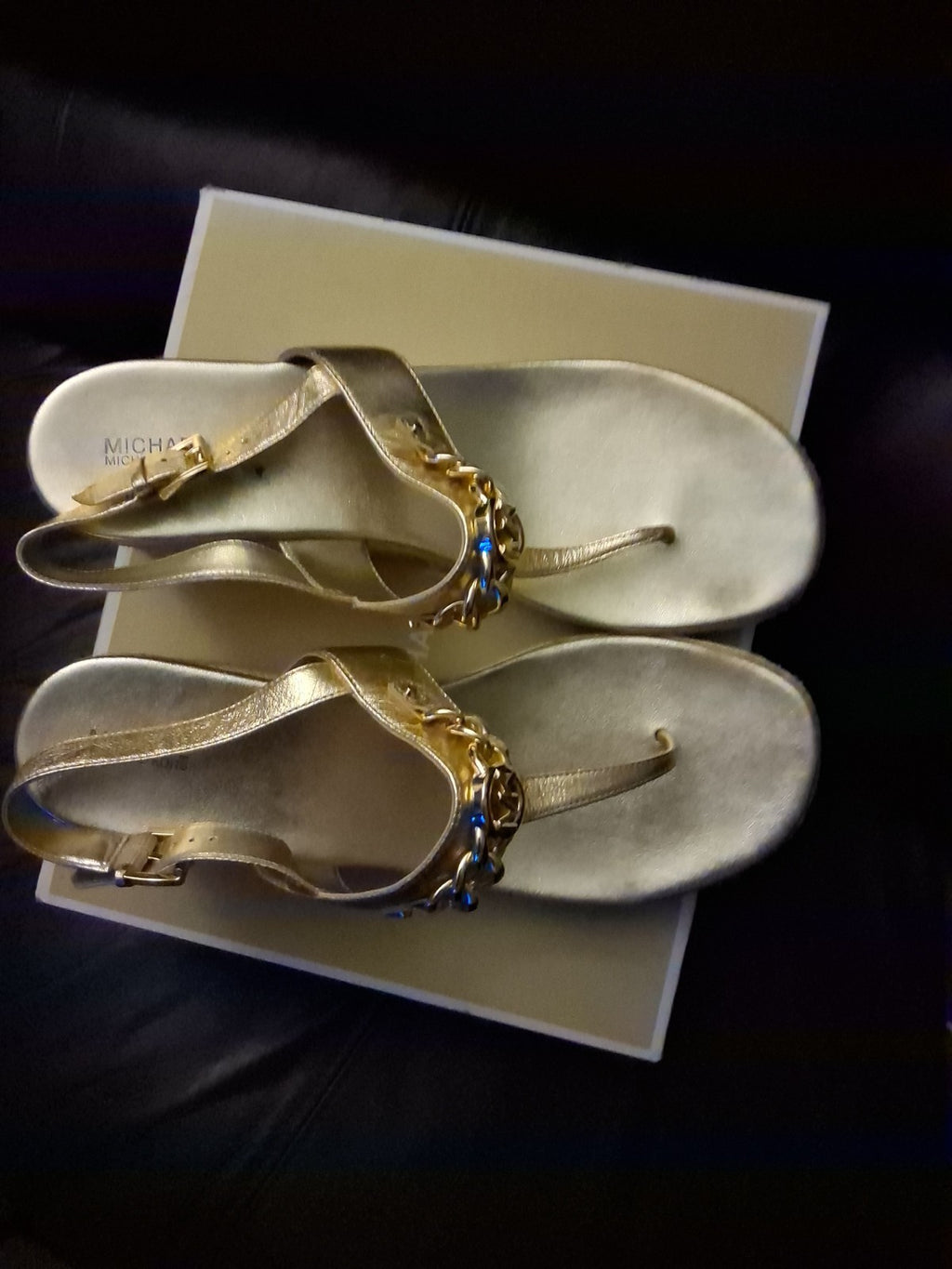 Michael Kors Roxane Wedge Sandals In A Pale Gold Metallic Finish Featuring Logo