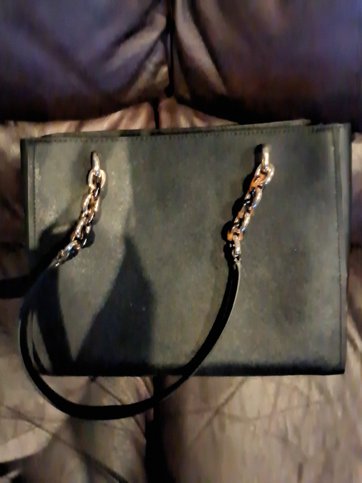 Michael Kors Sofia Large Tote Black Saffiano Leather Gold Chain MK Logo Charm