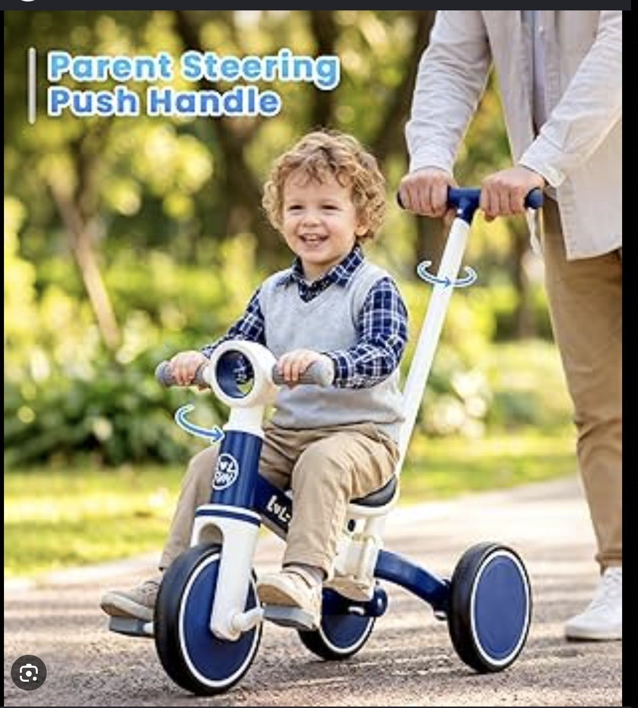 This white & blue LOL FUN 5in1 tricycle feature a detachable parent push handle