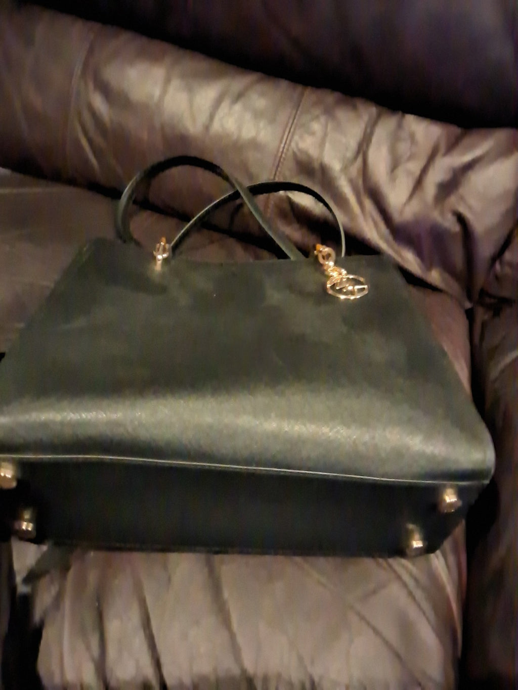 Michael Kors Sofia Large Tote Black Saffiano Leather Gold Chain MK Logo Charm