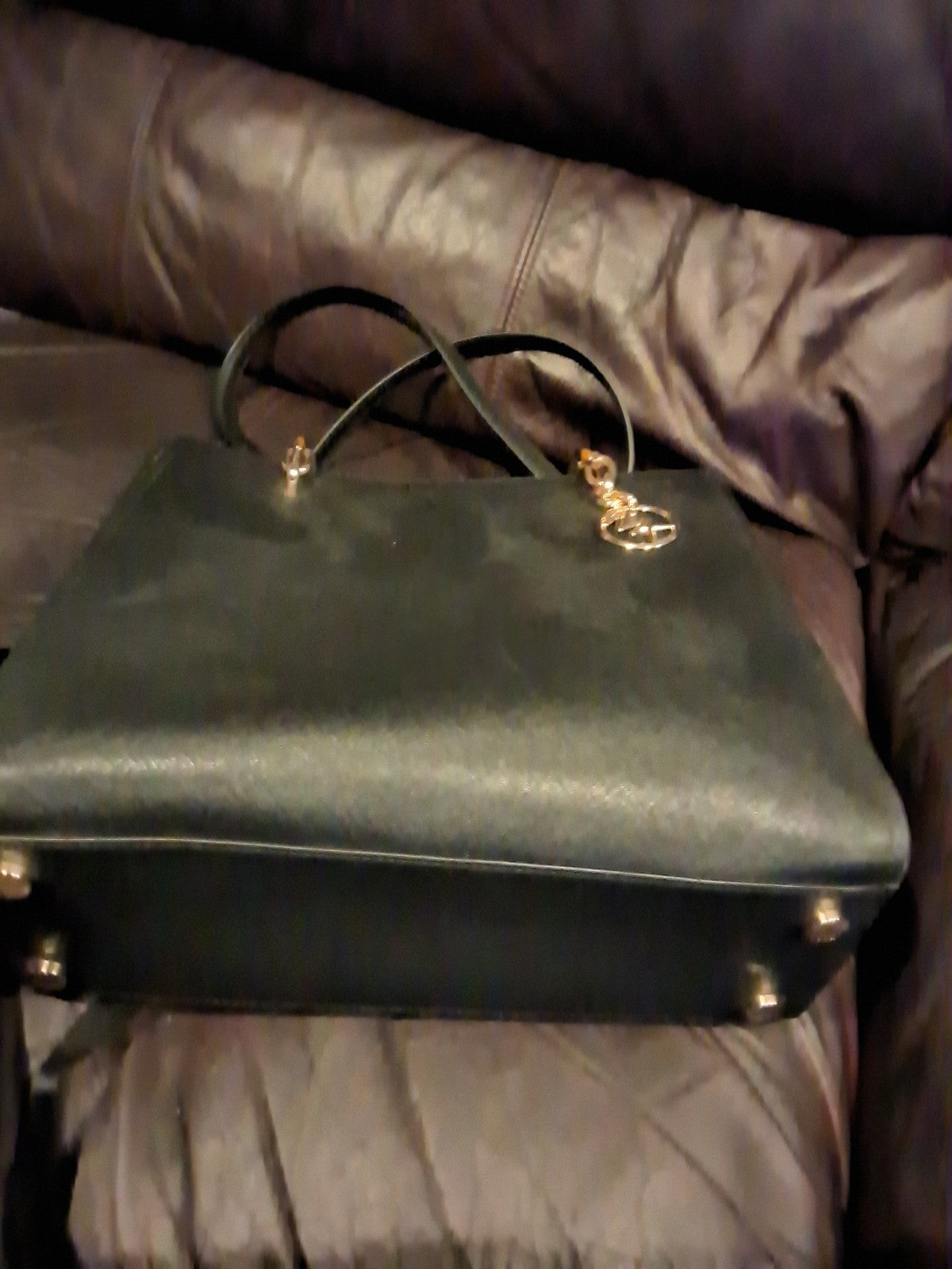 Michael Kors Sofia Large Tote Black Saffiano Leather Gold Chain MK Logo Charm