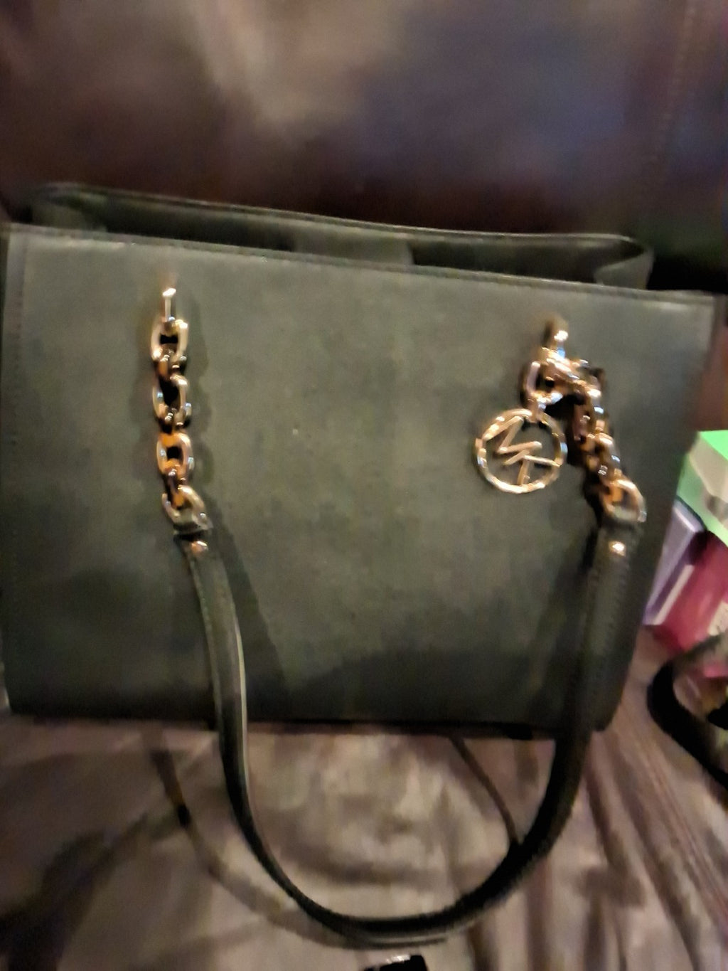 Michael Kors Sofia Large Tote Black Saffiano Leather Gold Chain MK Logo Charm