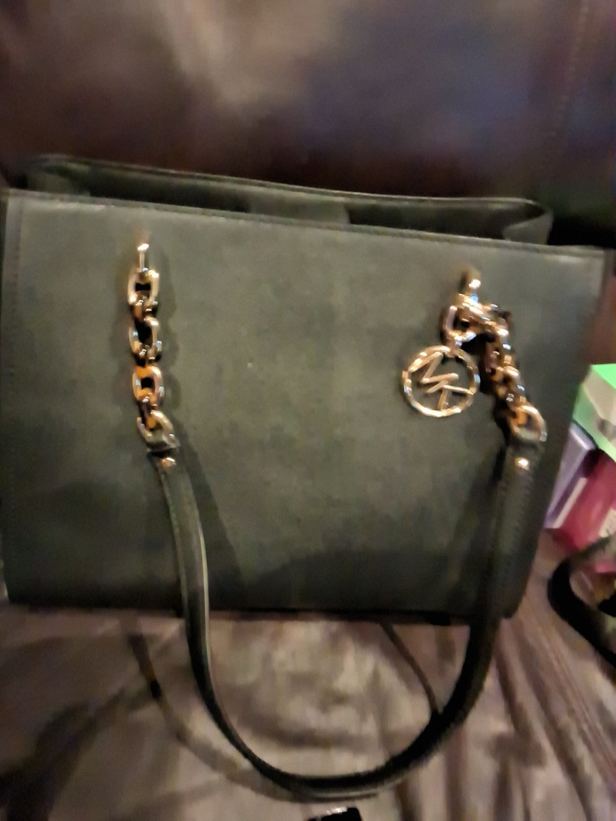 Michael Kors Sofia Large Tote Black Saffiano Leather Gold Chain MK Logo Charm