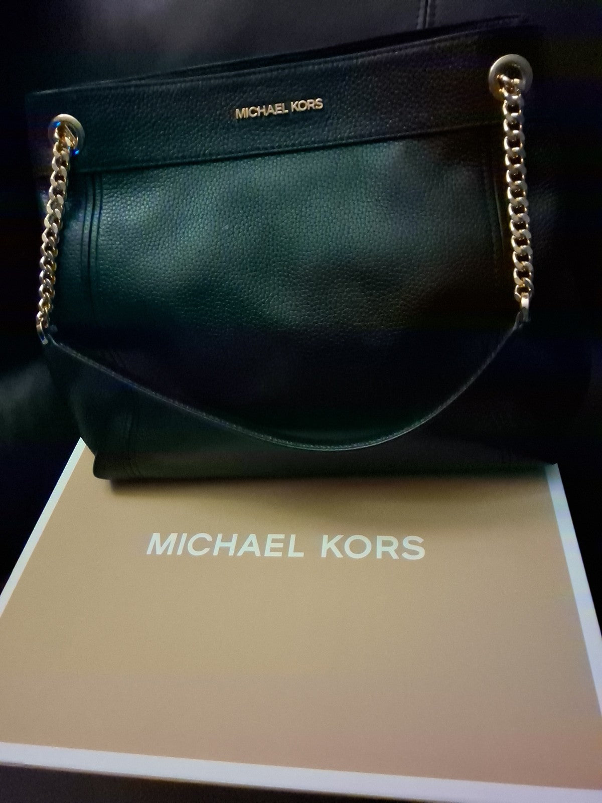 New, Authentic Michael Kors Jet Set Large BLACK Leather Chain Tote Bag #495