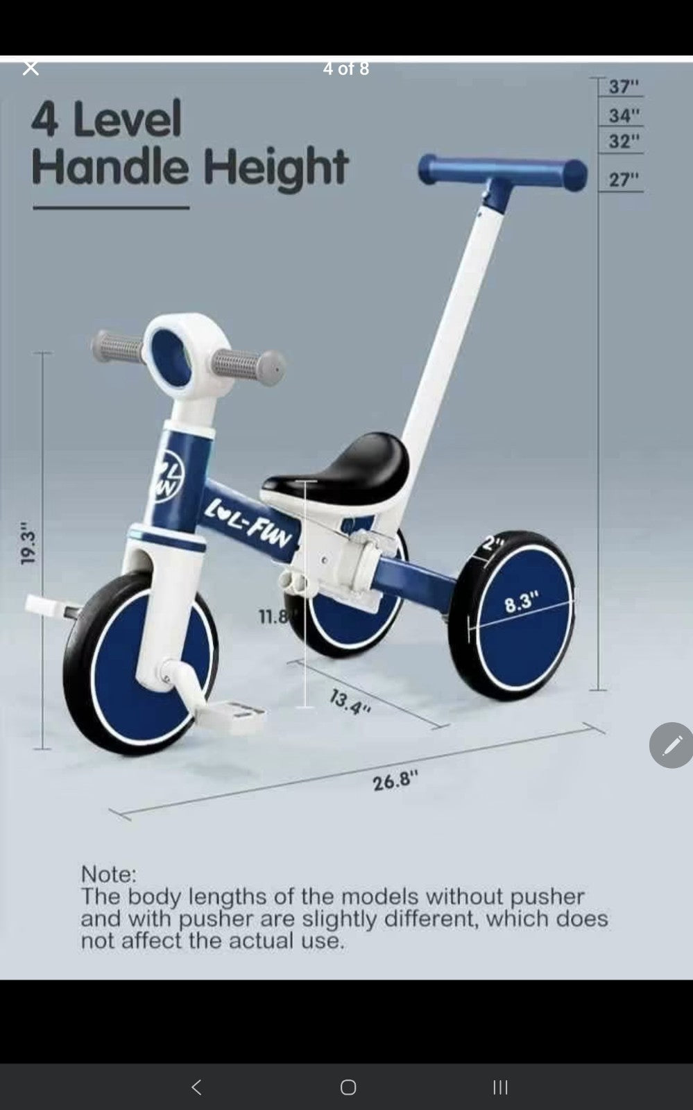This white & blue LOL FUN 5in1 tricycle feature a detachable parent push handle