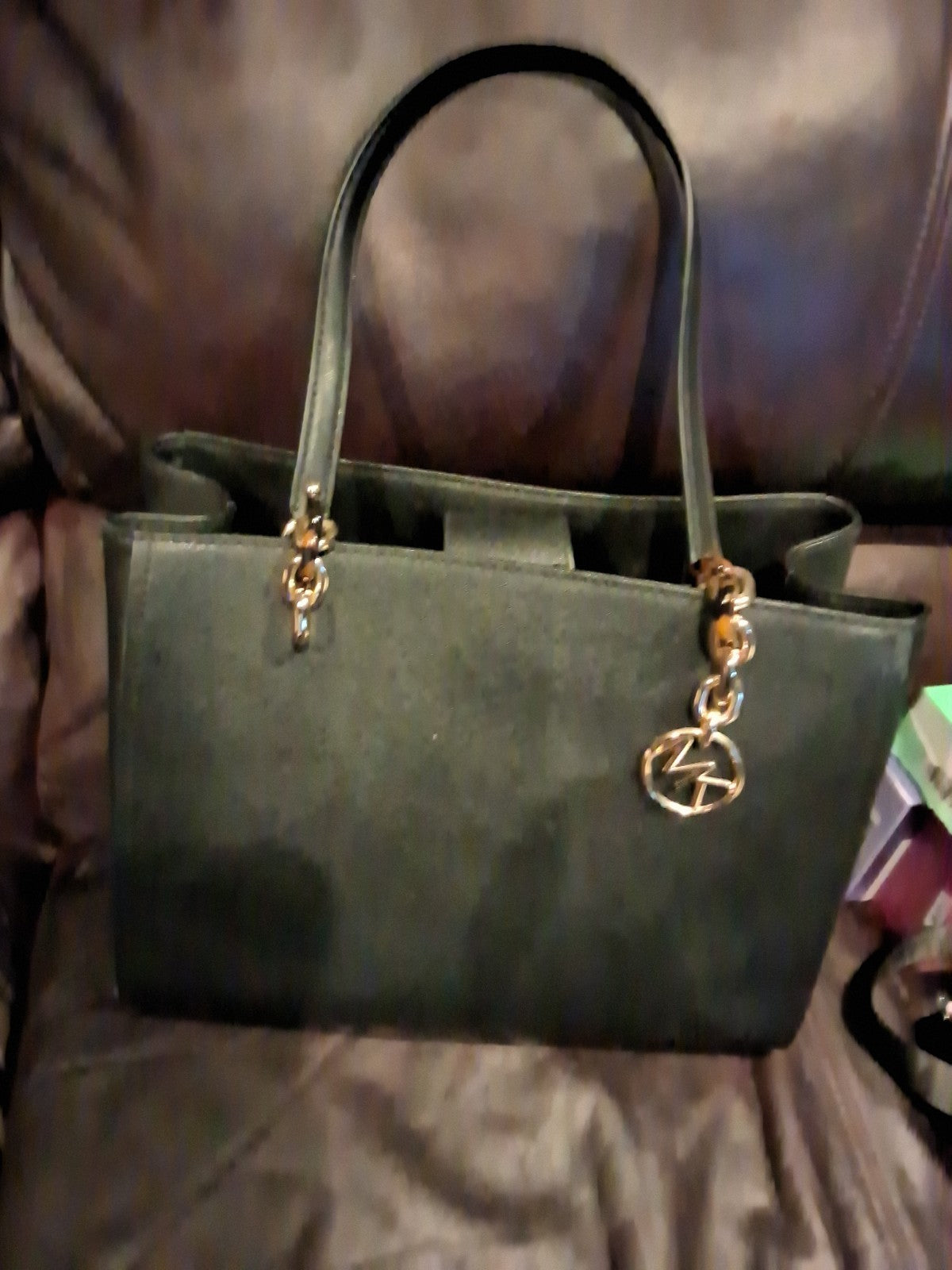 Michael Kors Sofia Large Tote Black Saffiano Leather Gold Chain MK Logo Charm