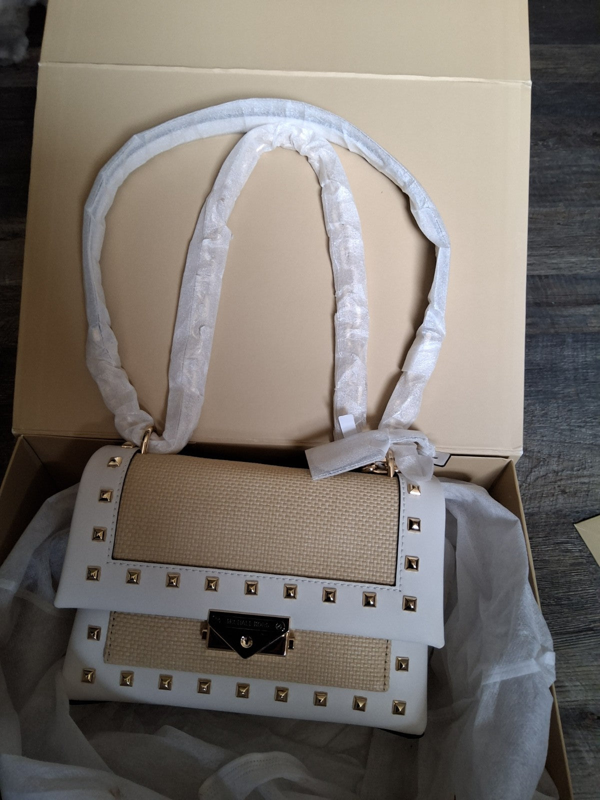 MICHAEL KORS CECE MEDIUM STUDDED FAUX LEATHER SHOULDER BAG CROSSBODY-OPTIC WHITE