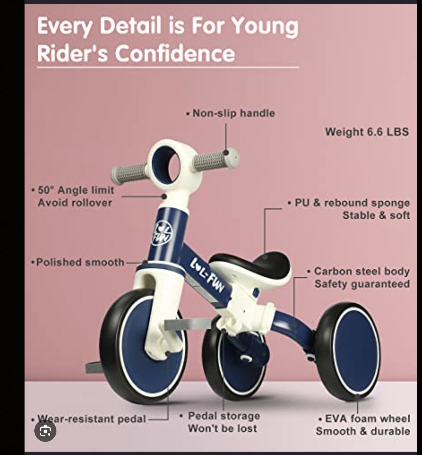 This white & blue LOL FUN 5in1 tricycle feature a detachable parent push handle