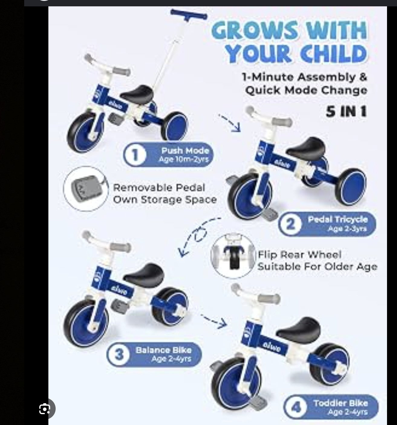 This white & blue LOL FUN 5in1 tricycle feature a detachable parent push handle