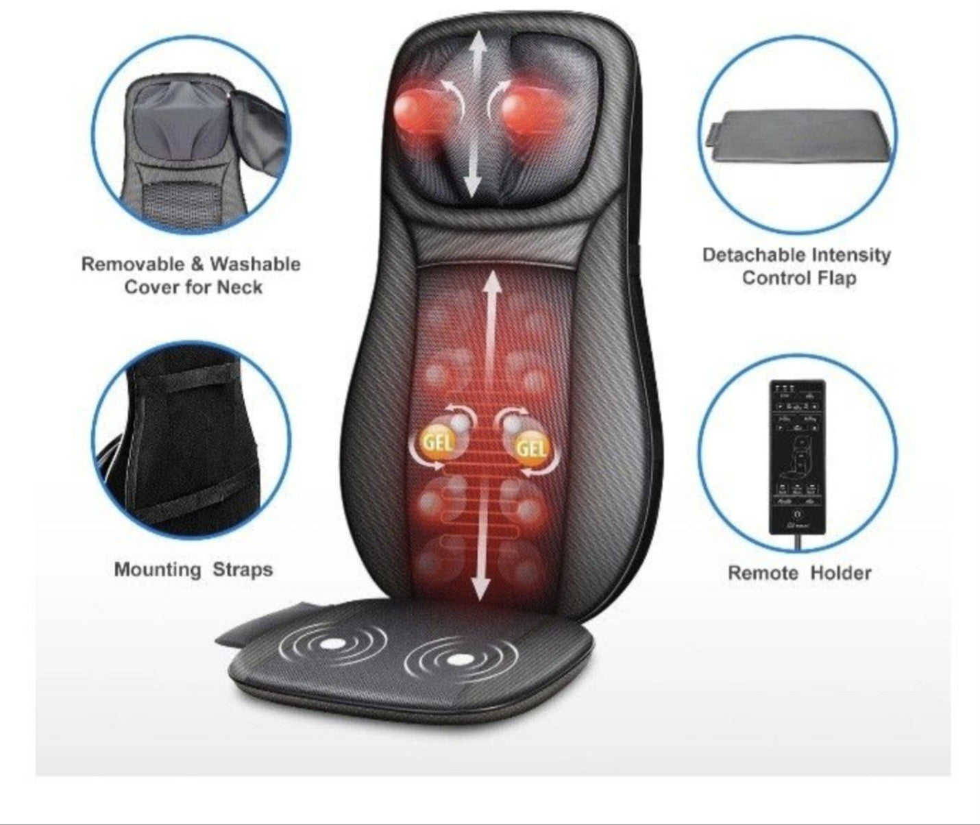 Snailax Shiatsu Back Massager Heat Adjustable Height Seat Cushion Massager Black