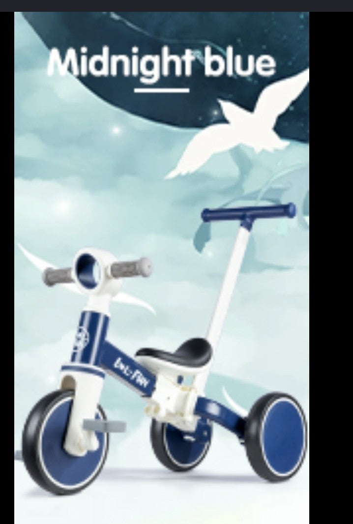 This white & blue LOL FUN 5in1 tricycle feature a detachable parent push handle