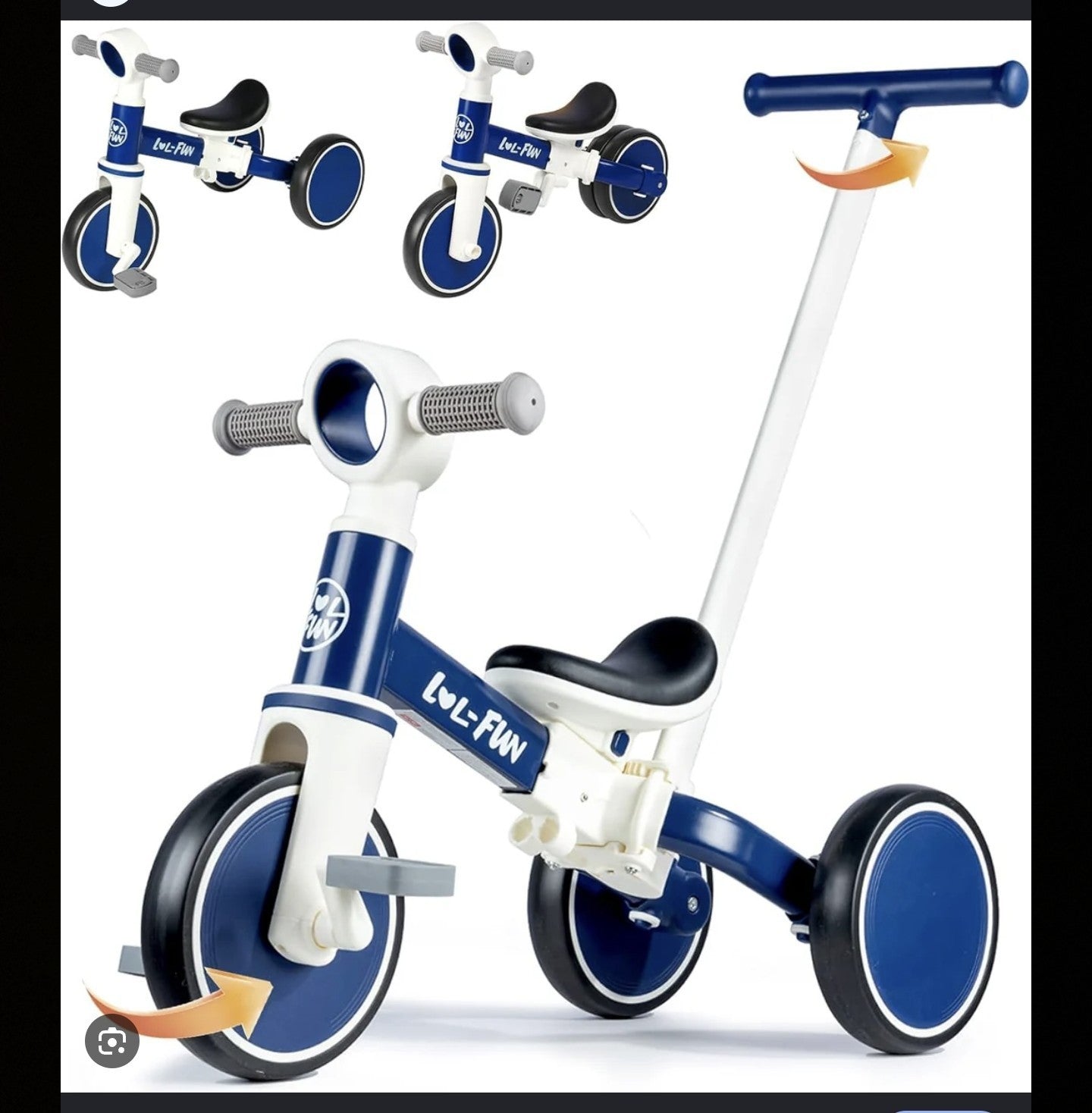 This white & blue LOL FUN 5in1 tricycle feature a detachable parent push handle