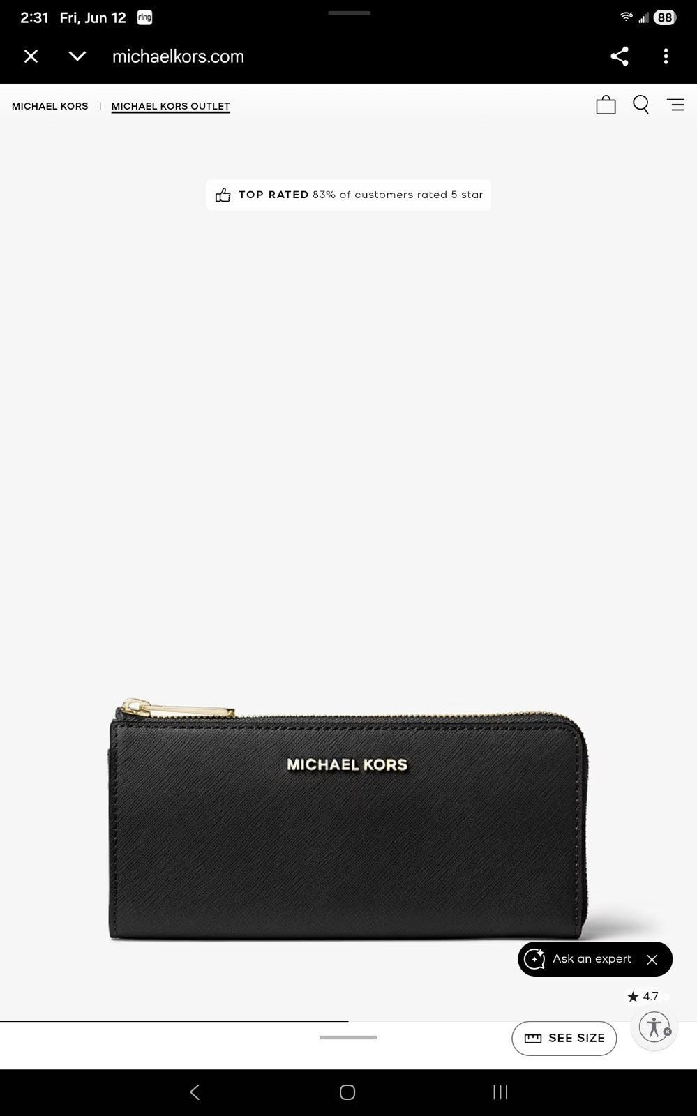 Michael Kors Jet Set Travel Saffiano Leather Three Quarter Zip Wallet Black NWT