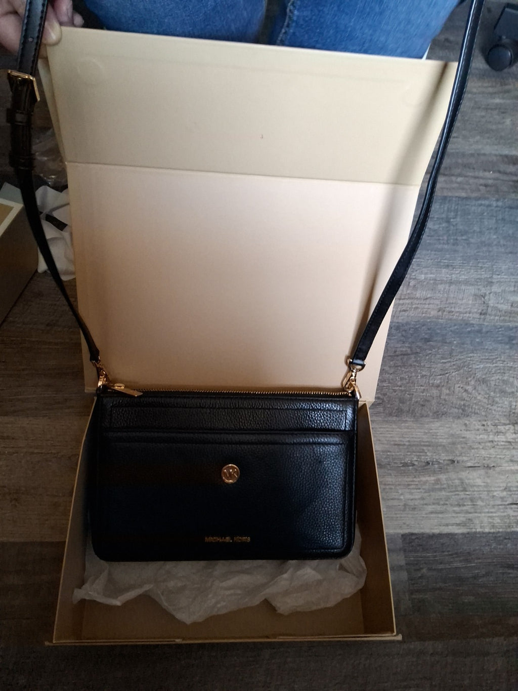 Michael Kors Black Leather Crossbody Bag with Gold MK Logo and Adjustable Strap