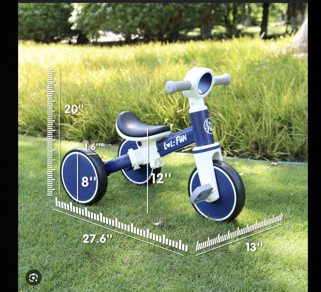 This white & blue LOL FUN 5in1 tricycle feature a detachable parent push handle