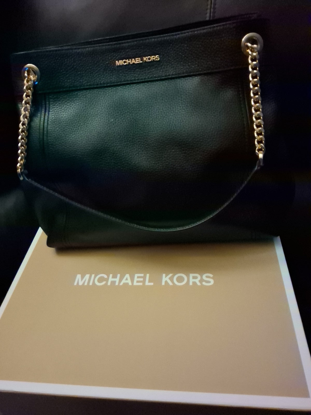 New, Authentic Michael Kors Jet Set Large BLACK Leather Chain Tote Bag #495