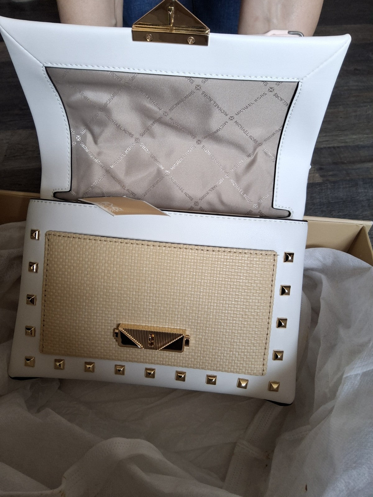 MICHAEL KORS CECE MEDIUM STUDDED FAUX LEATHER SHOULDER BAG CROSSBODY-OPTIC WHITE