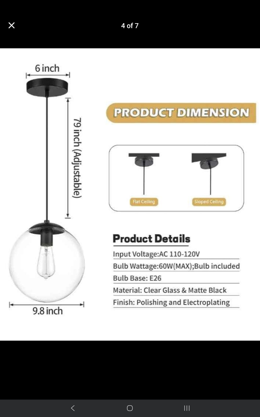 KoKo & Yukina 10" Globe Pendant Light Black Mid Century Adjustable Hanging #139