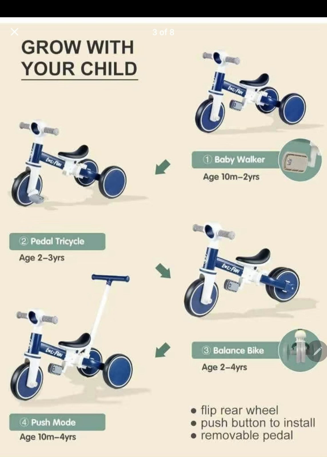 This white & blue LOL FUN 5in1 tricycle feature a detachable parent push handle