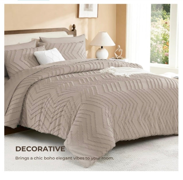 Litanika Light Coffee Oversized King Comforter Set with Sheets - 7 Pieces Bed in a Bag Chevron