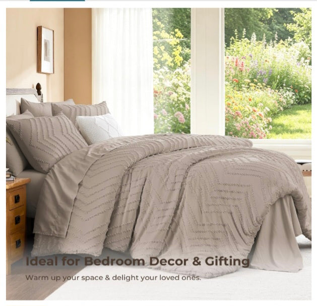 Litanika Light Coffee Oversized King Comforter Set with Sheets - 7 Pieces Bed in a Bag Chevron