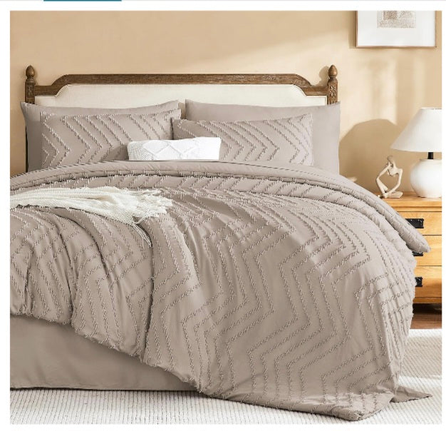 Litanika Light Coffee Oversized King Comforter Set with Sheets - 7 Pieces Bed in a Bag Chevron