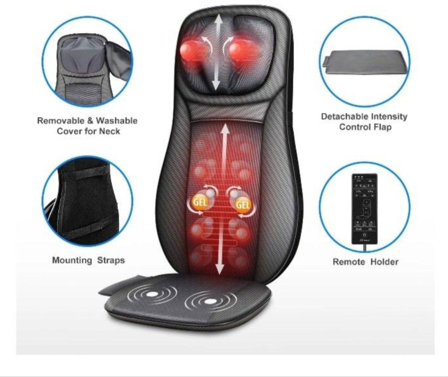Snailax Shiatsu Back Massager Heat Adjustable Height Seat Cushion Massager Black