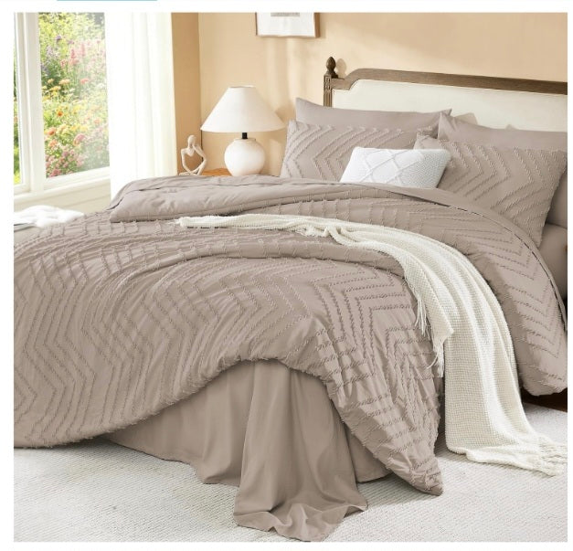 Litanika Light Coffee Oversized King Comforter Set with Sheets - 7 Pieces Bed in a Bag Chevron