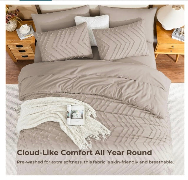 Litanika Light Coffee Oversized King Comforter Set with Sheets - 7 Pieces Bed in a Bag Chevron